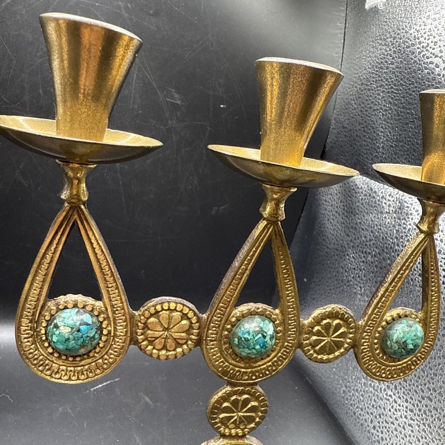 Vtg Israelian holyland brass candlesticks w/green Eliats