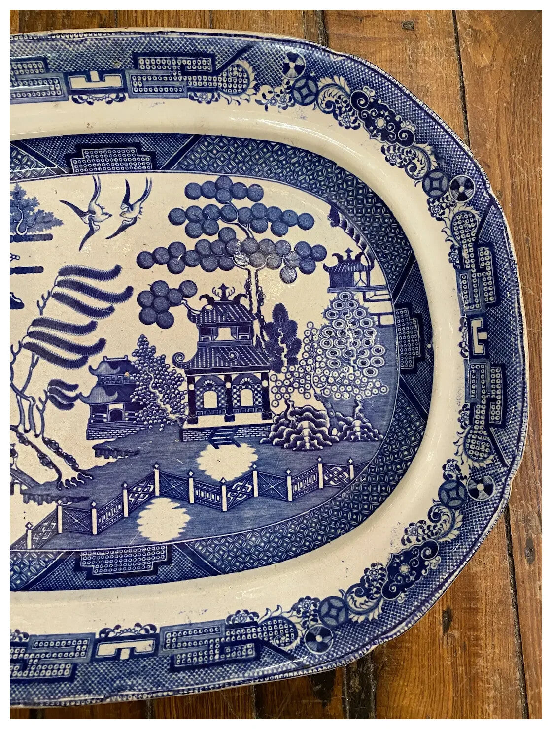 c1860 Staffordshire Adams Blue Willow Antique Platter 17" x 13" White
