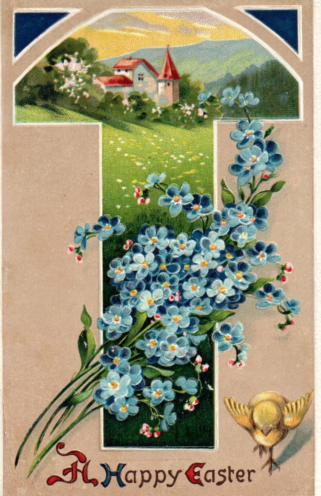 A Happy Easter Forget Me Nots Chick Church Scene 0616 Vintage Postcard