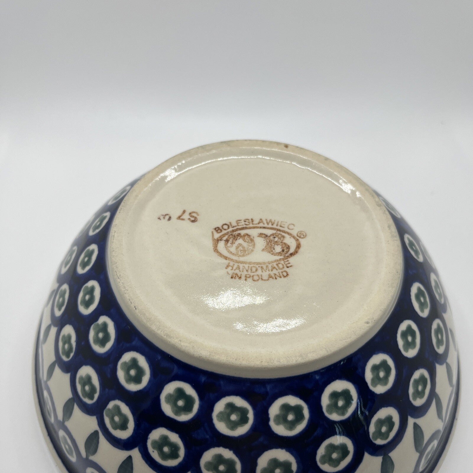 Boleslawiec Pottery Round Bowl Handmade in Poland Blue White 8”