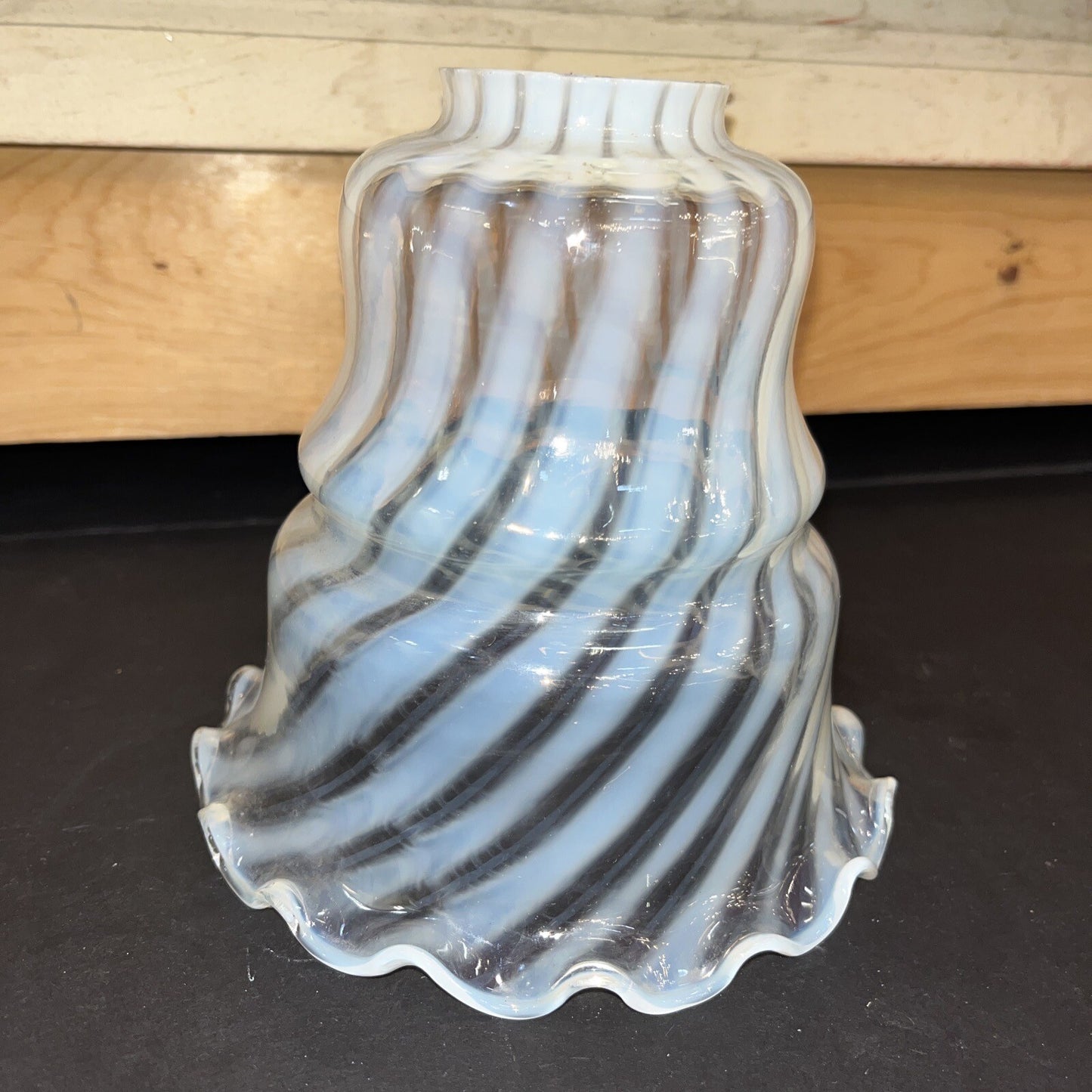 Fenton Handblown Opalescent Swirl Glass Ruffled Edge Lamp Shade White 6"