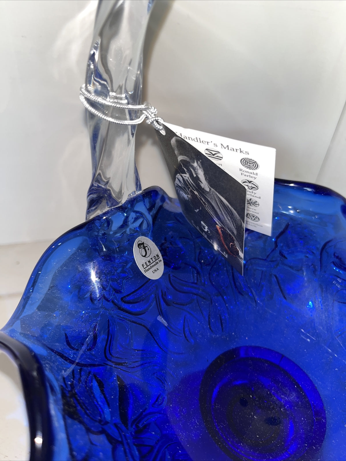  Fenton 95th Cobalt Blue Clear Handle embossed design basket with sticker
