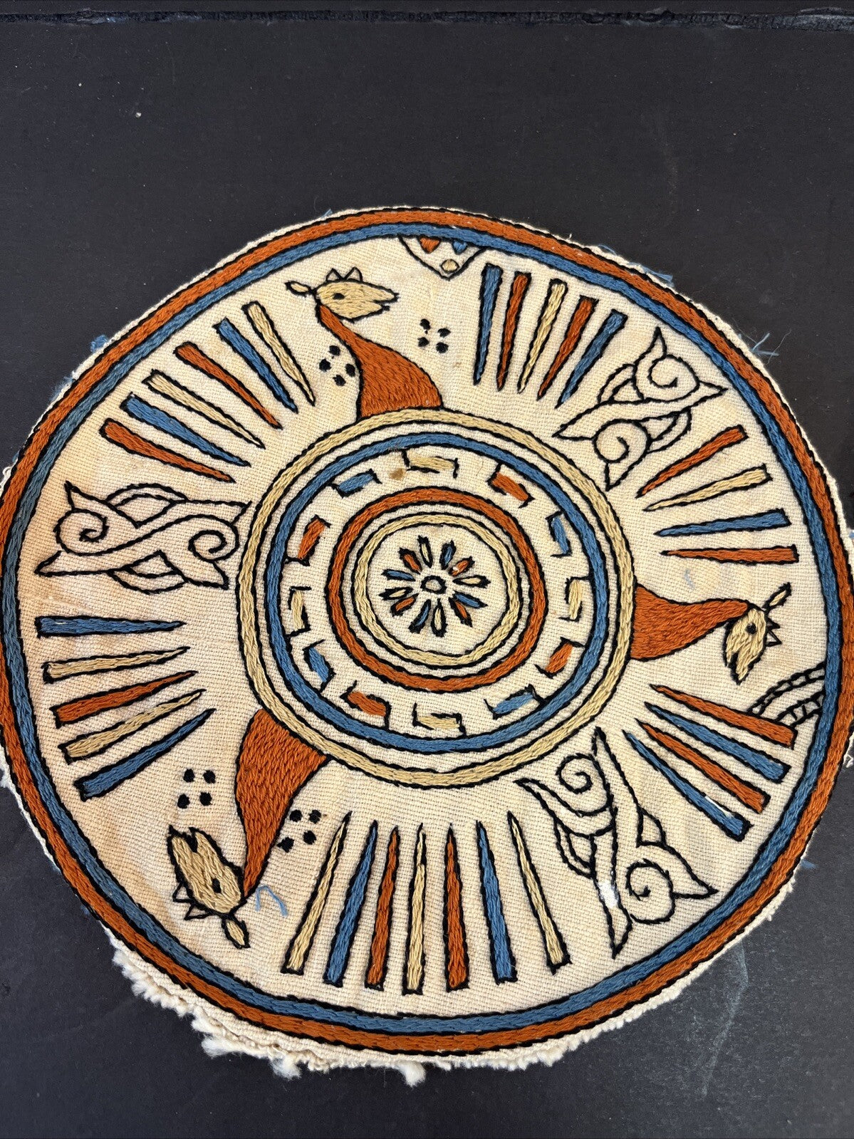 Small Vintage Needlepoint Throw Pillow Tops Blue, Rust & Tan Round MCM Vintage