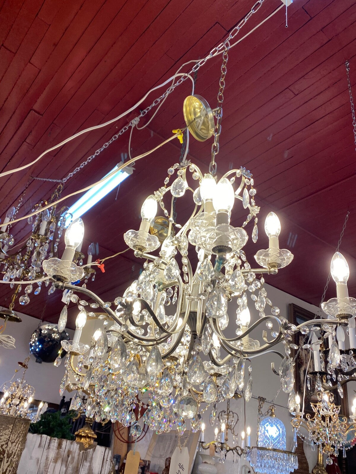 1950s mid century 10 arm silver and crystal chandelier 