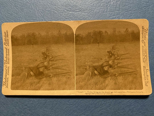 1899 Real Photo Stereoview Volley Firing Philippine Islands Military Soldiers 