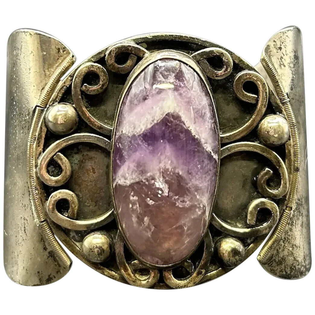 Vintage Hecho Mexico Sterling Silver 925 Amethyst Native Cuff Bracelet