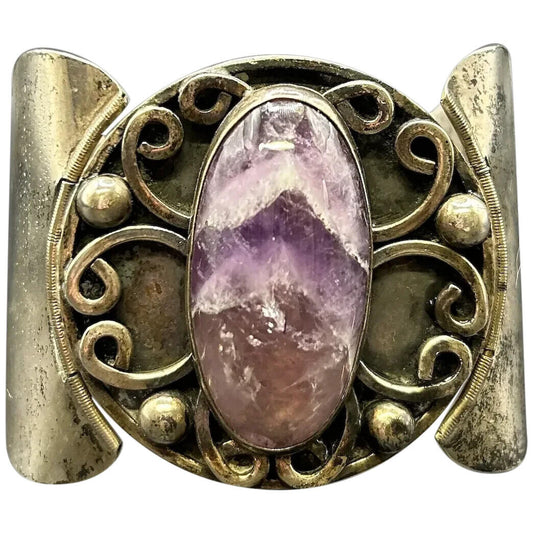 Vintage Hecho Mexico Sterling Silver 925 Amethyst Native Cuff Bracelet