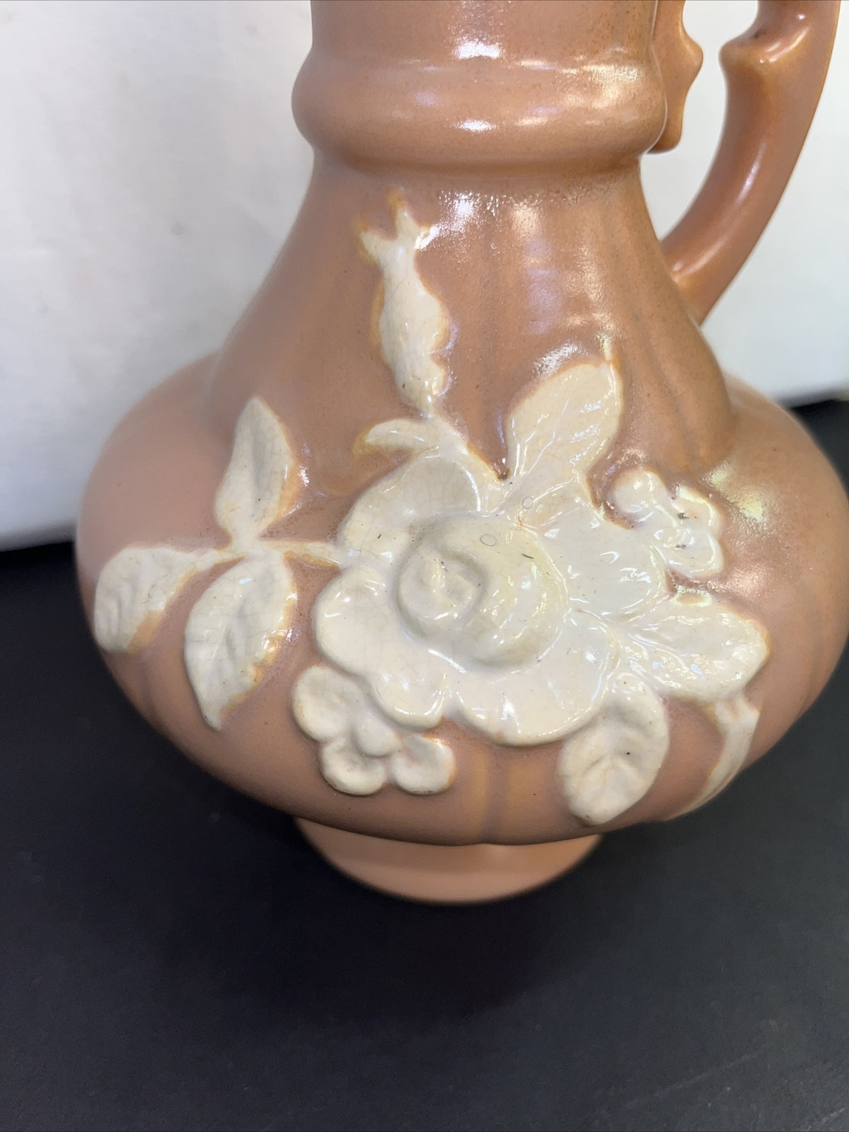 Weller Pottery Art Deco Peach Pitcher/Vase, White Rose Pattern w/handle 1930's 