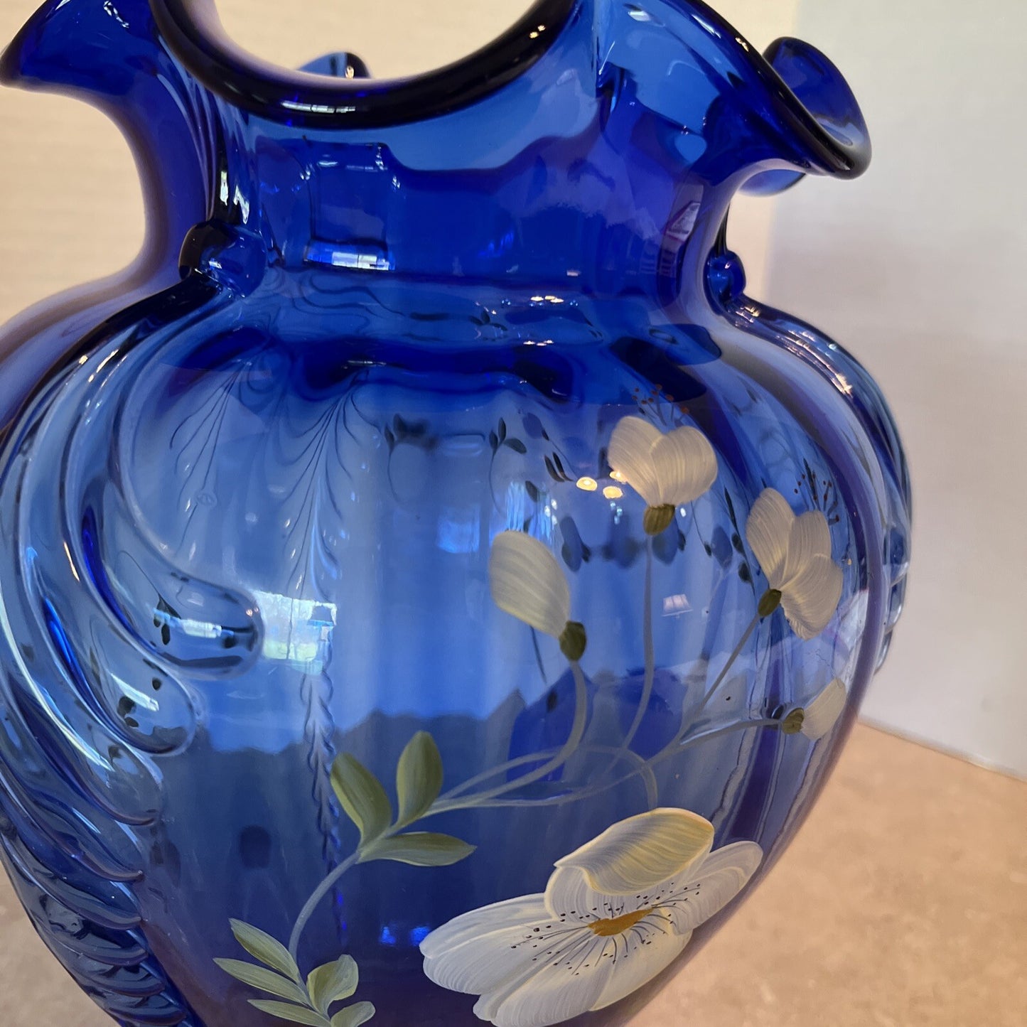 Fenton Glass Cobalt Blue Feathered Belly Vase Signed Shelly Fenton Hand Painted