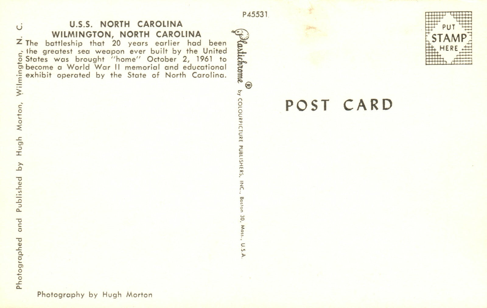 USS North Carolina WWII "Greatest Sea Weapon" NC P45531 Ship Militaria Postcard