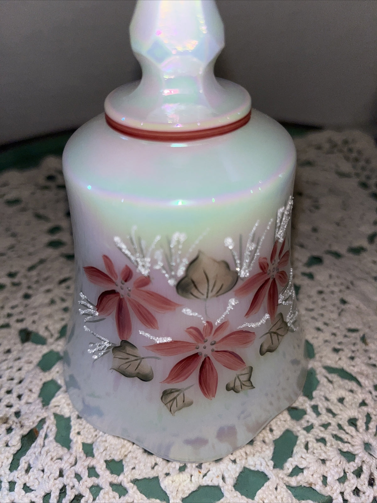 Vintage Fenton Hand Painted Iridescent Opaline Bell Signed