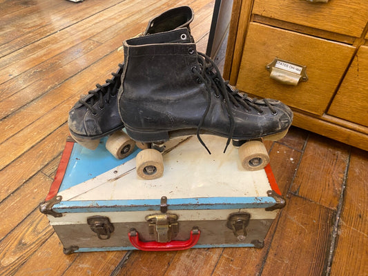 Vintage Roller Skate Ware Bros Black Leather Roller Skates Wood Wheels Box case