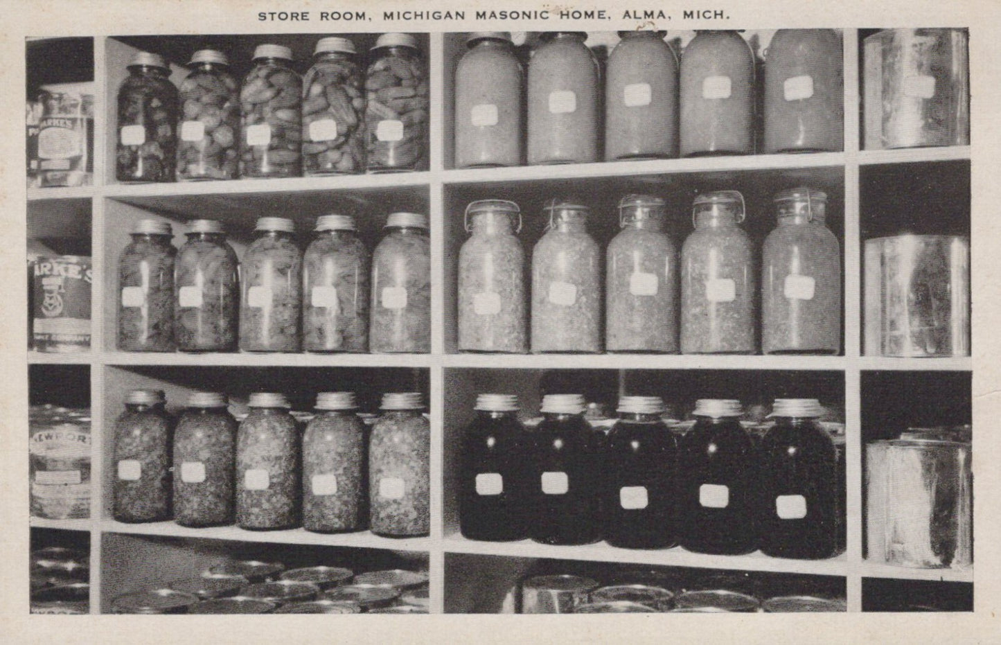Real Photo Store Room Jars of Food Masonic Home Alma MI Michigan M-1968 Postcard