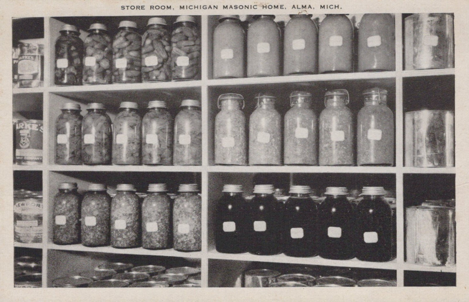 Real Photo Store Room Jars of Food Masonic Home Alma MI Michigan M-1968 Postcard