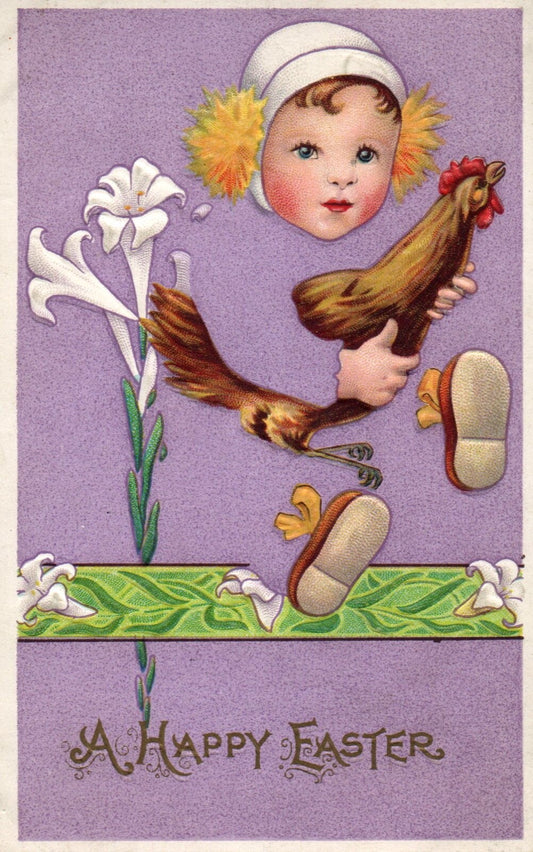 A Happy Easter Child Holding Hen with Flowers Vintage Easter Postcard