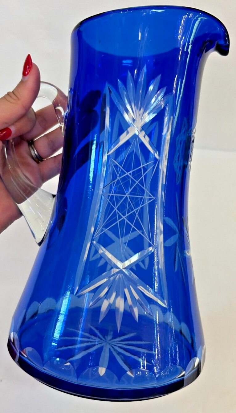Vintage 9.5" Bohemian Czech Cut crystal Cobalt Blue Glass Pitcher