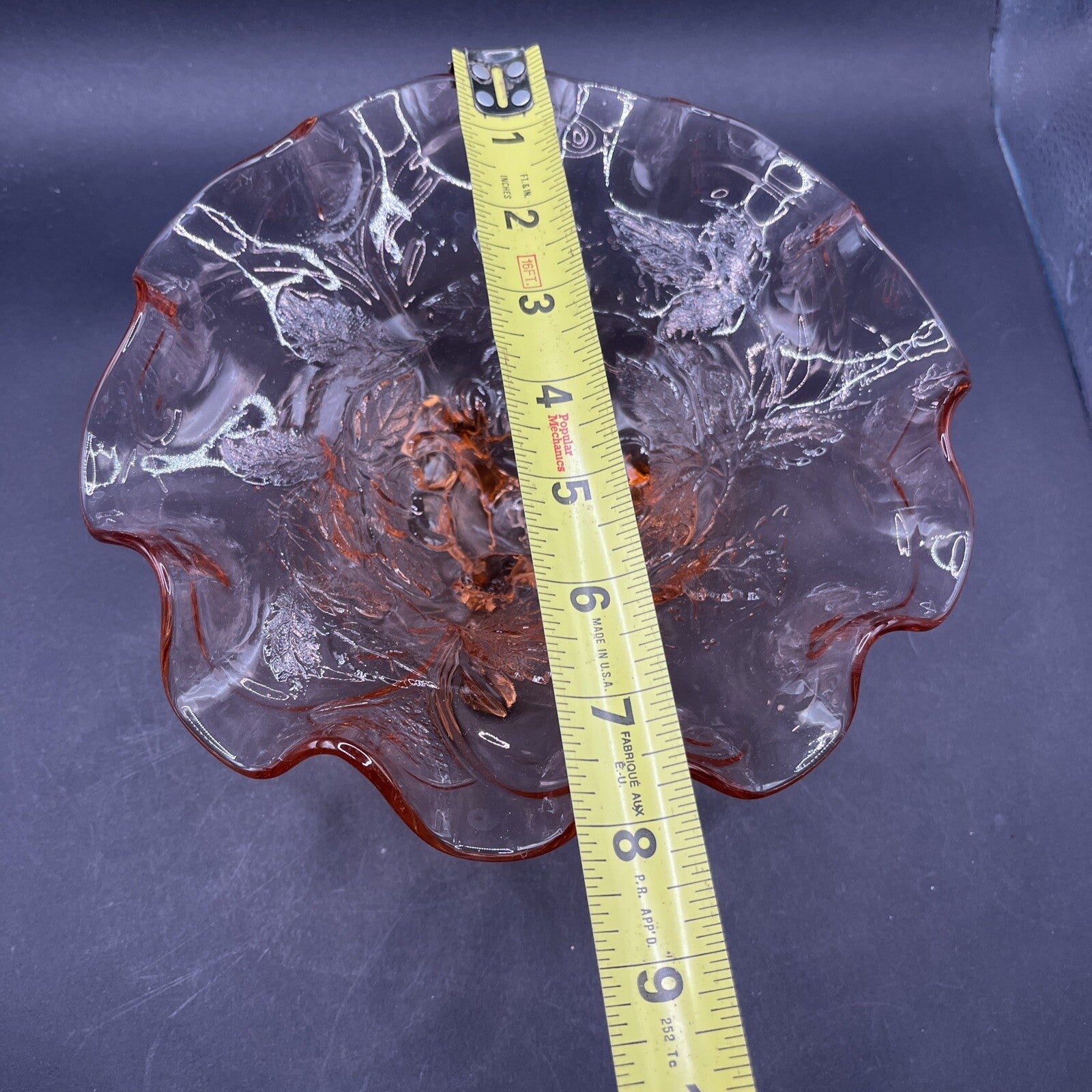 Pink Depression Glass Candy Serving Bowl Footed Cherries Leaves Ruffled Edge