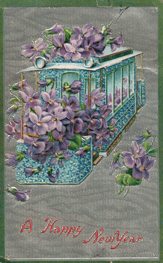 1910 Cable Car Violets Silver Background Happy New Year Postcard ECC Series 25