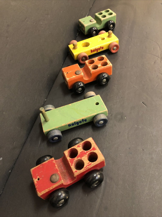 LOT of Vintage Holgate 5 wood Wooden Toy Cars and 1 Trailer