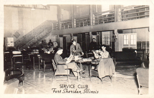 RPPC Men Sitting at Table in Service Club in Fort Sheridan IL Illinois Postcard