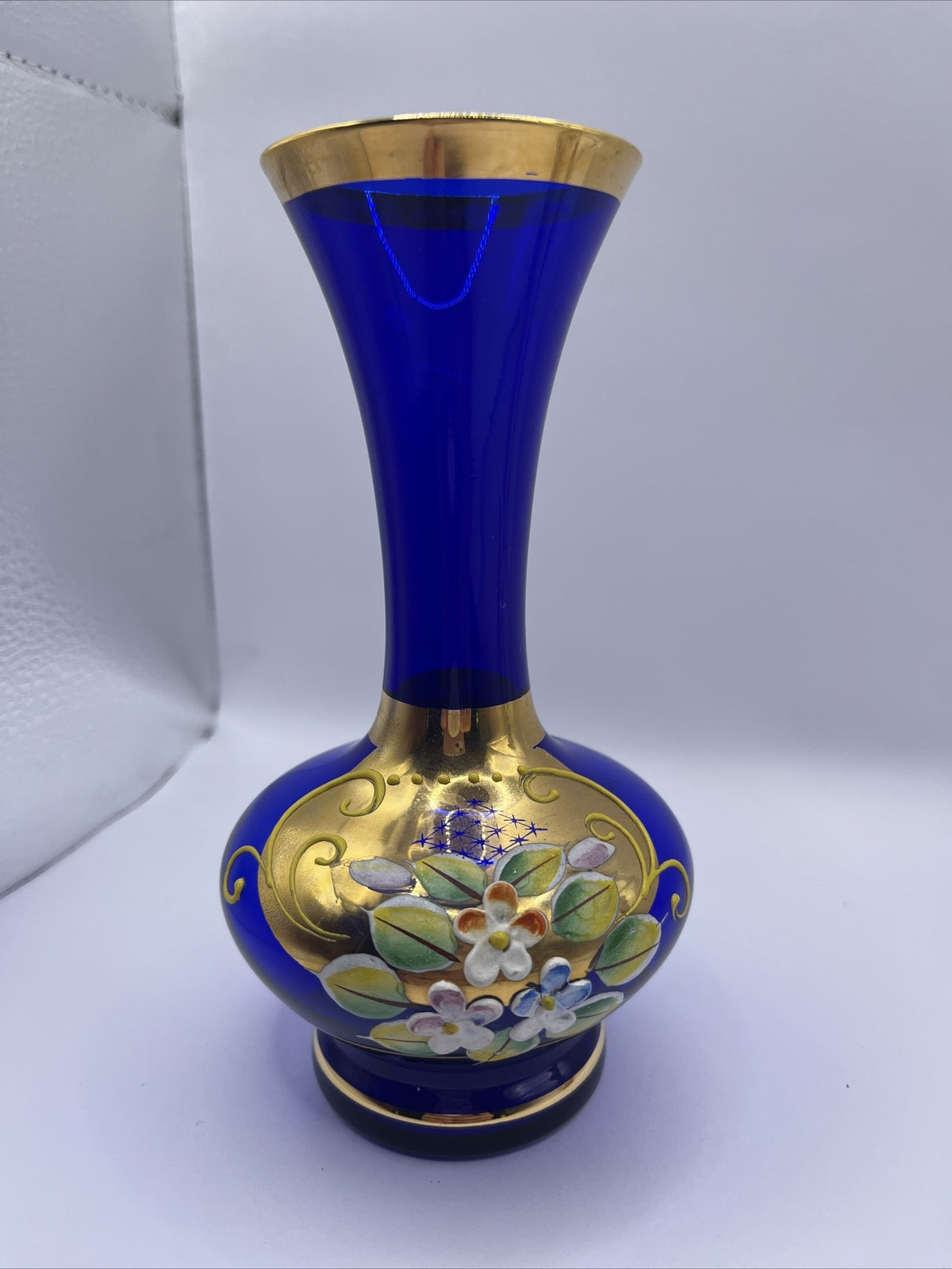 BOHEMIAN CRYSTAL COBALT BLUE VASE GILDED RAISED ENAMEL 6” TALL