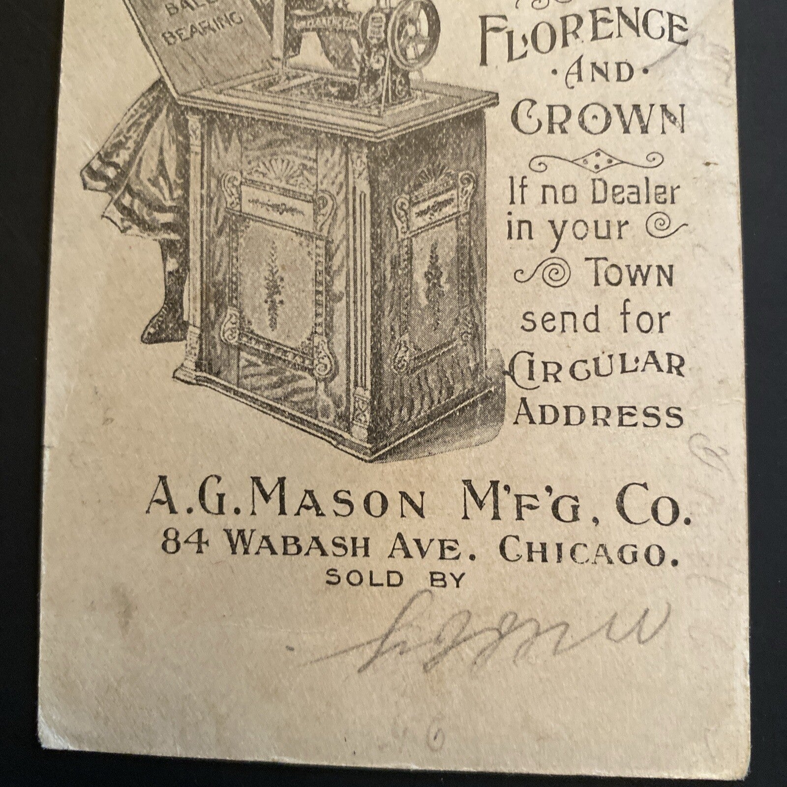A G Mason Sewing Machines Chicago IL Trading Trade Card Advertising