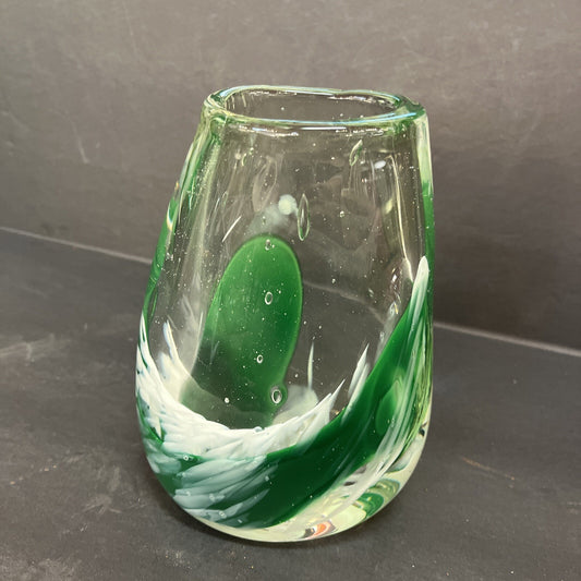 Italian Murano Art Glass Vase, 7" Green/white Hand Blown