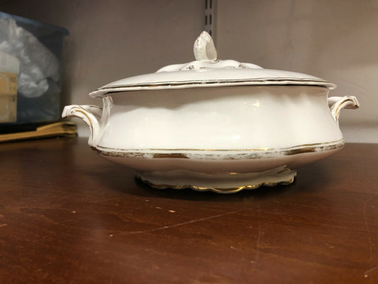 Vintage Pope-gosser china white & gold covered dish- unicorn backstamp 1908-1950