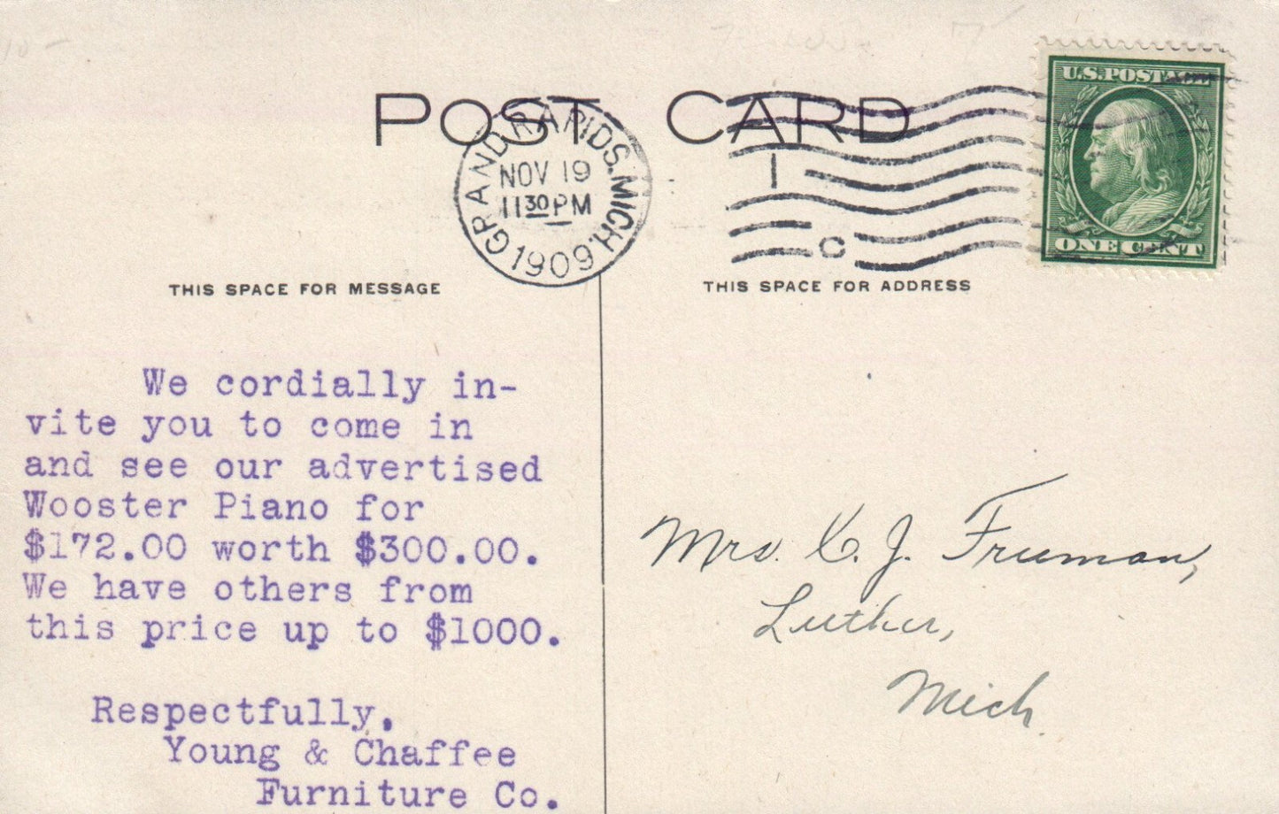 Piano Department Young and Chaffee Furniture, Grand Rapids Michigan MI Postcard