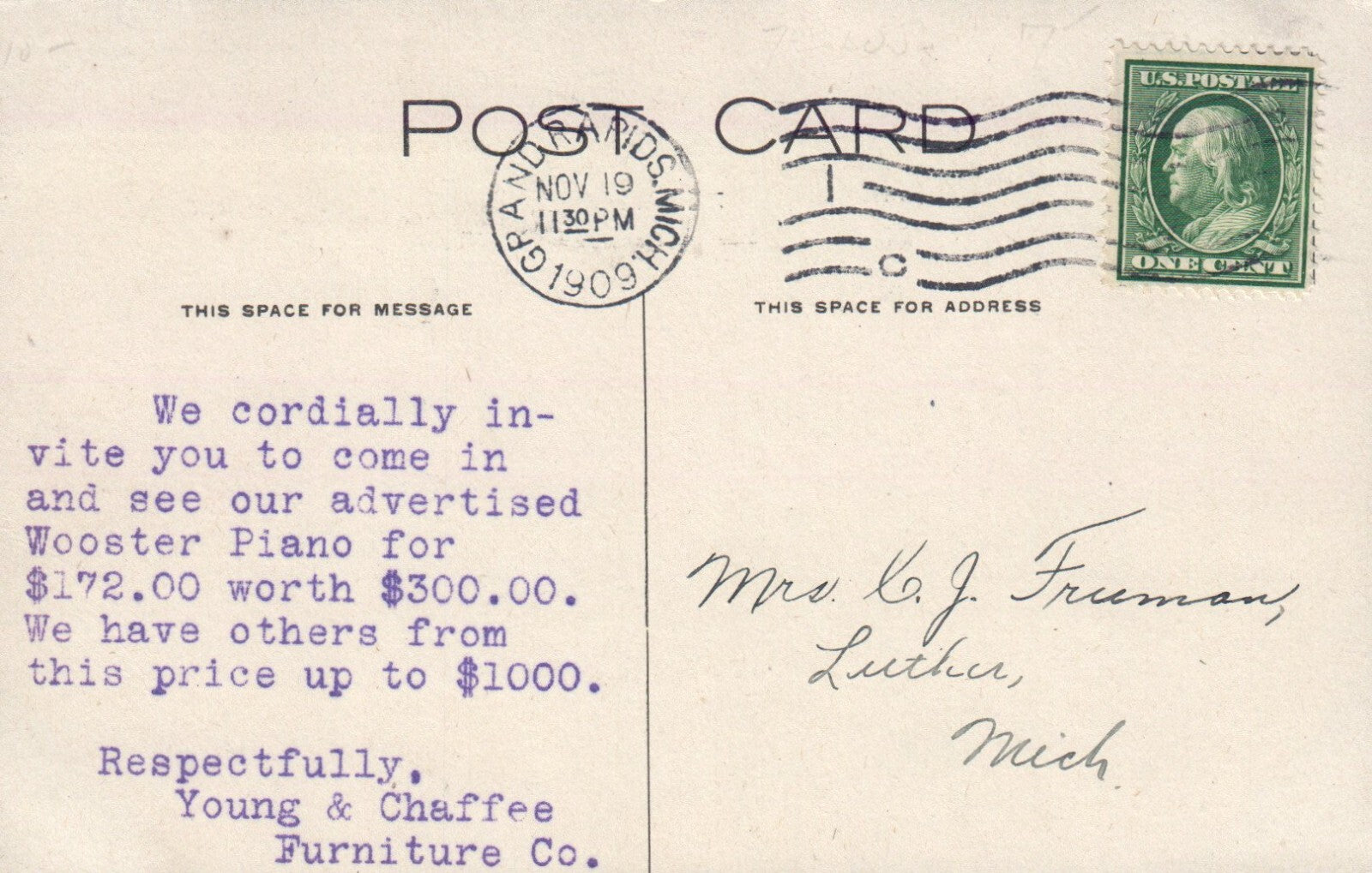 Piano Department Young and Chaffee Furniture, Grand Rapids Michigan MI Postcard