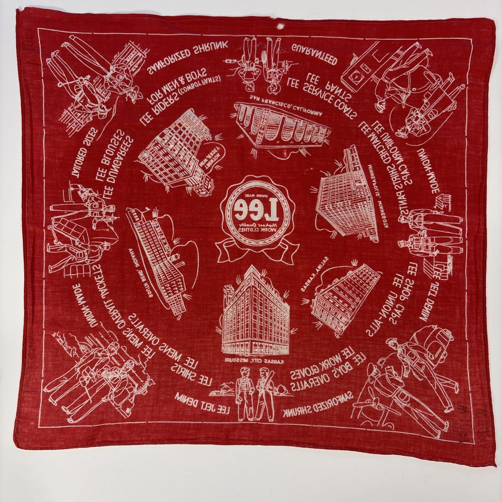 Lee Union Made Red Bandana 1950s Advertising Handkerchief 21-1/4" x 20-1/4"