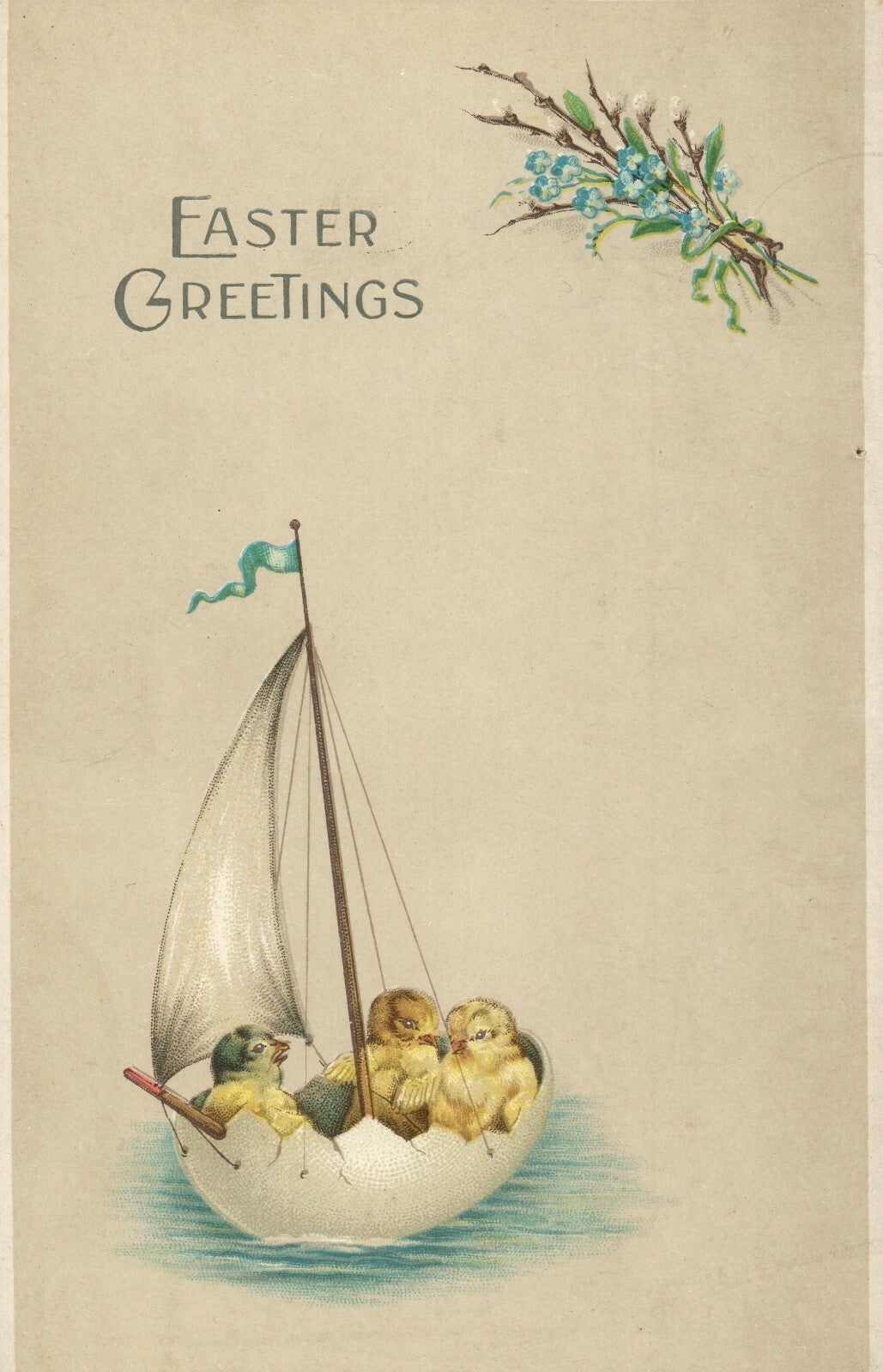Scarce Easter Greetings Chicks in a Sailboat 1 of 3 Series Postcard