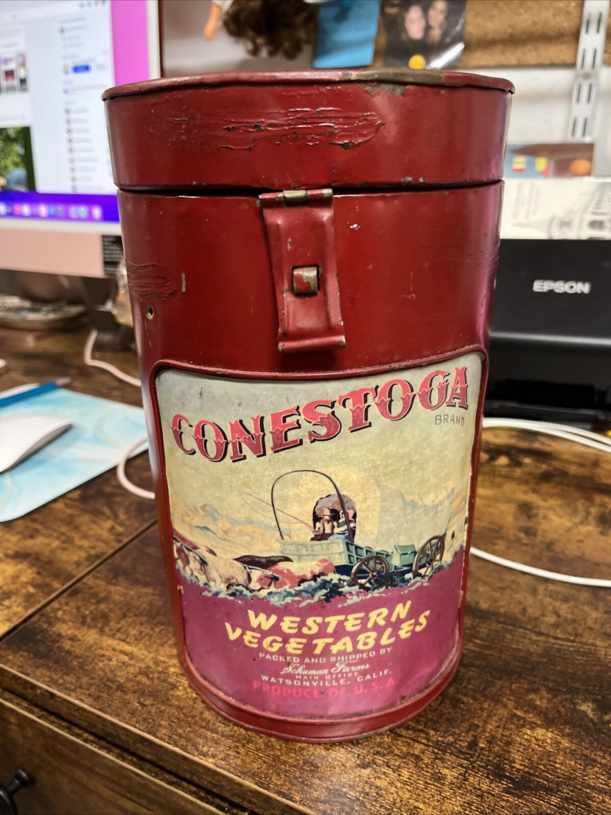 Conestoga Western Vegetables Red Metal Canister latch close 5.5x8.5" FREE SH