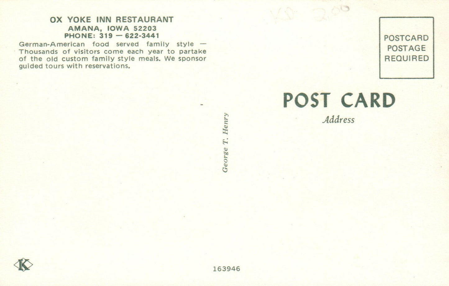 Ox Yoke Inn Amana Iowa German American Food Restaurant Postcard