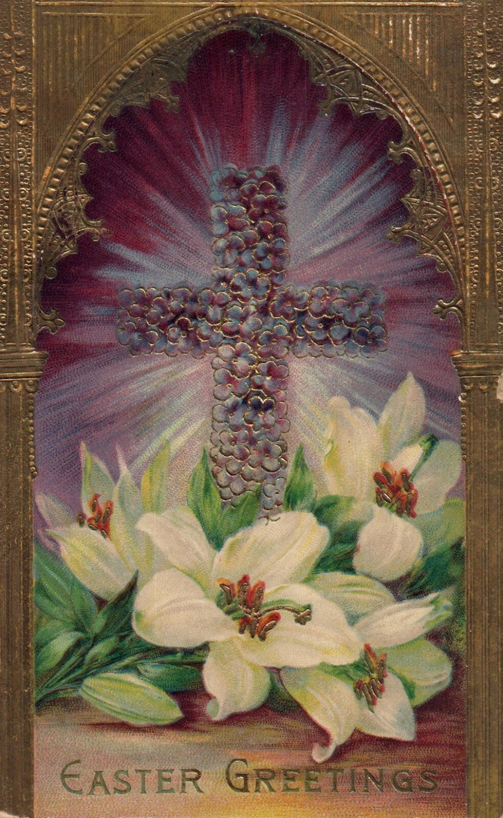 Series 7033 Gel Gold Metallic Embossed Lily Cross Easter Greetings Postcard