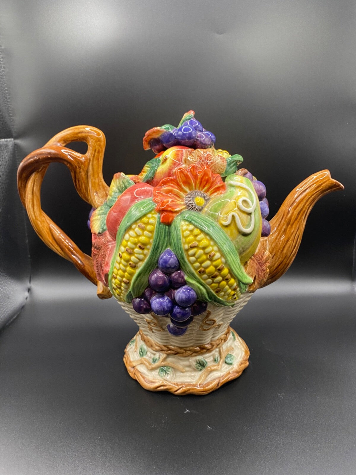 Vintage Fitz And Floyd Harvest Fall Ceramic Pumpkin Grapes Leaf Teapot  1997