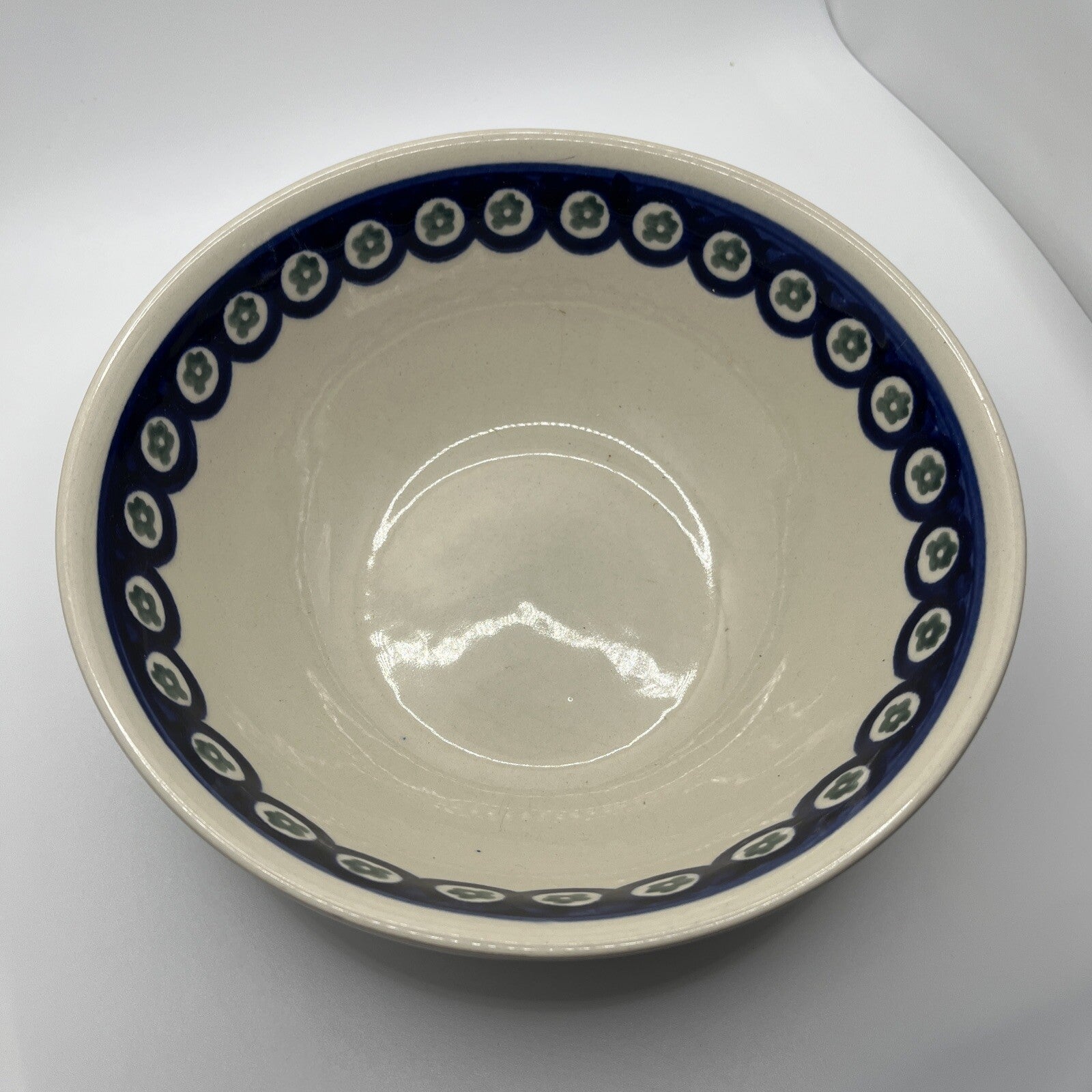 Boleslawiec Pottery Round Bowl Handmade in Poland Blue White 8”