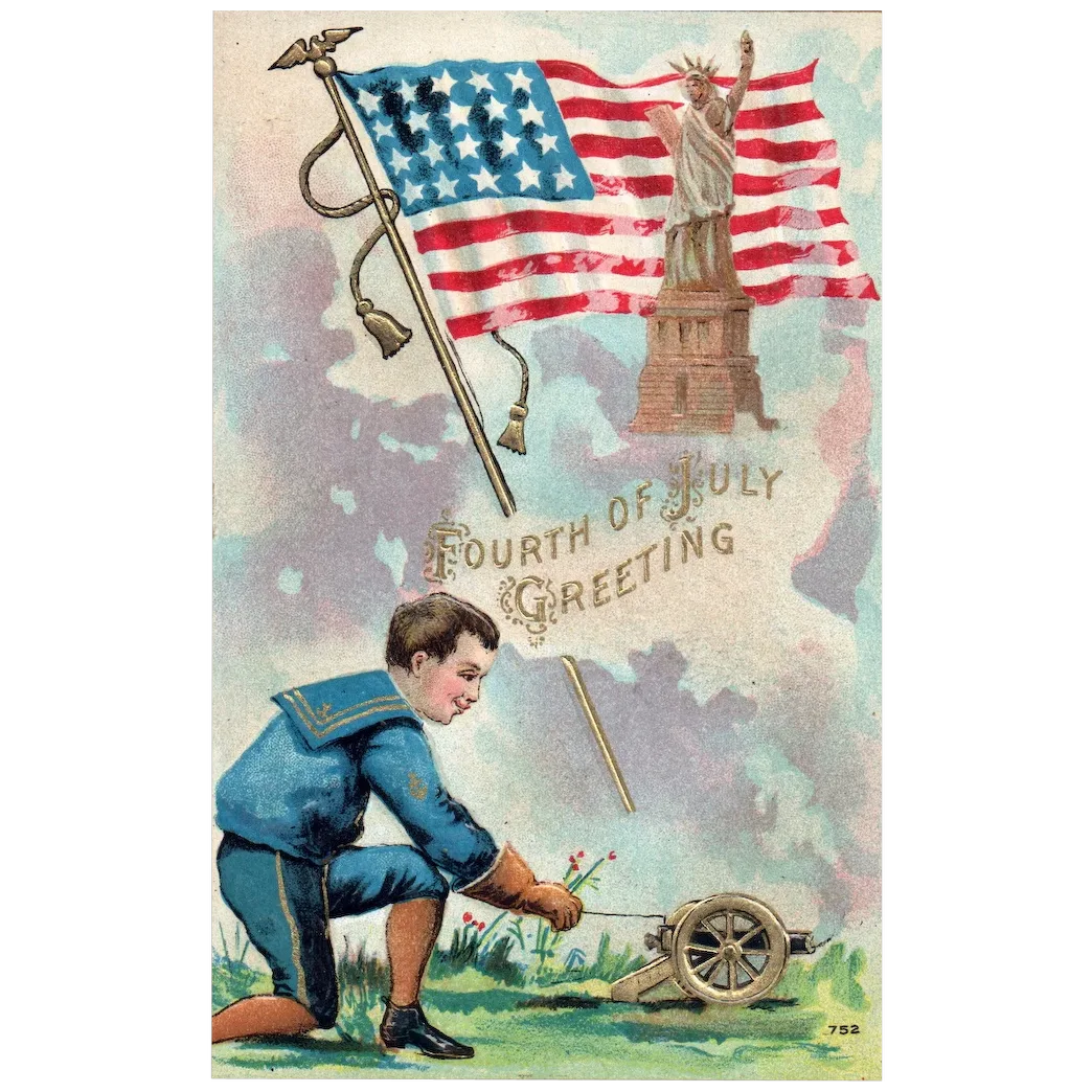 July 4th Greetings Statue of Liberty Boy Lighting off Cannon Vintage Postcard