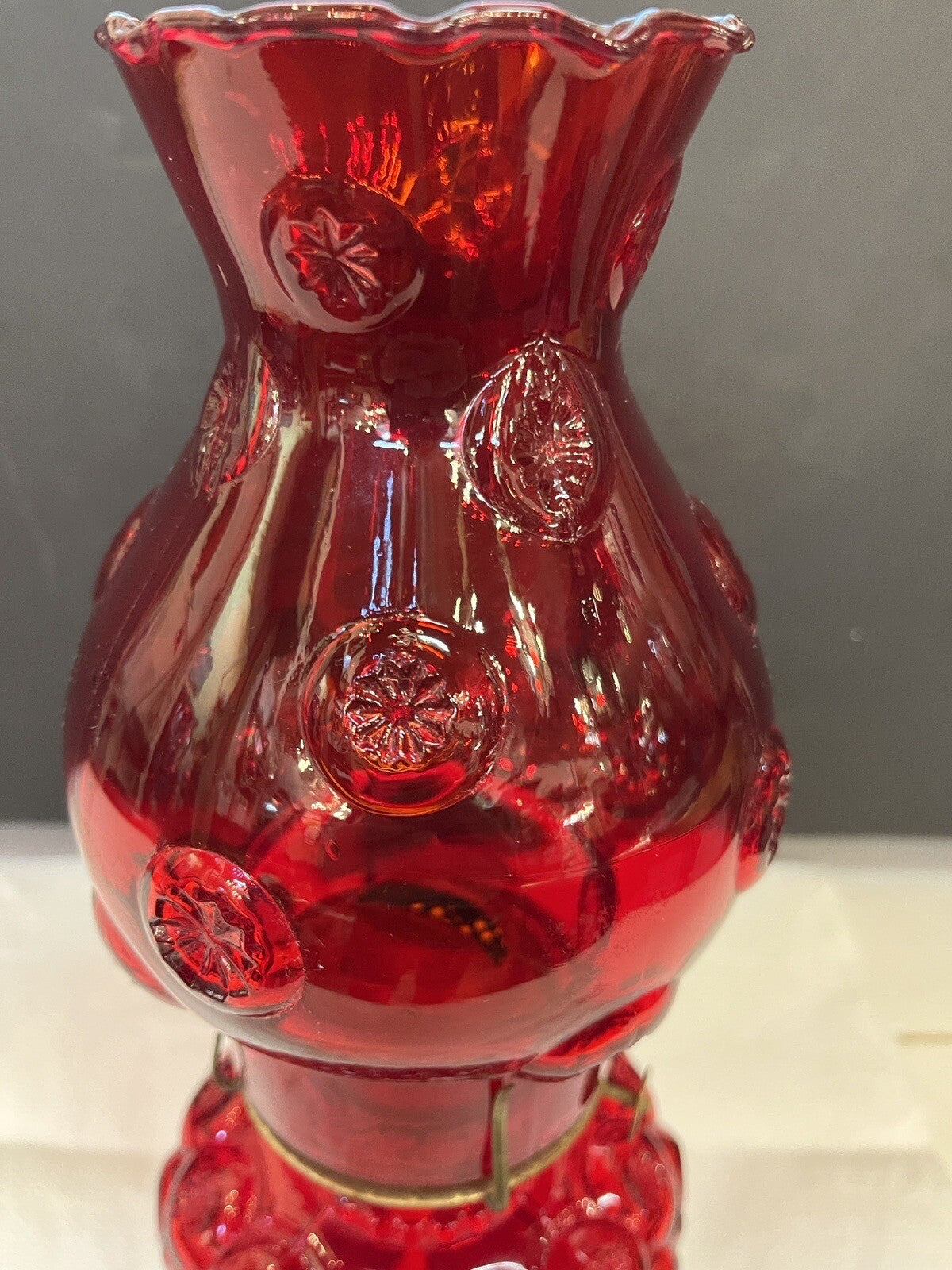 LE Smith Moon and Star Ruby Red Glass Oil Lamp