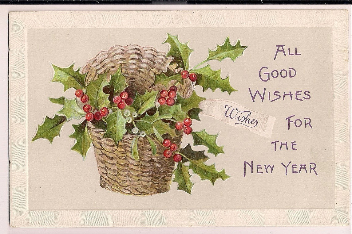 Davidson Brothers New Year Good Wishes Basket of Holly Postcard Series 104-2