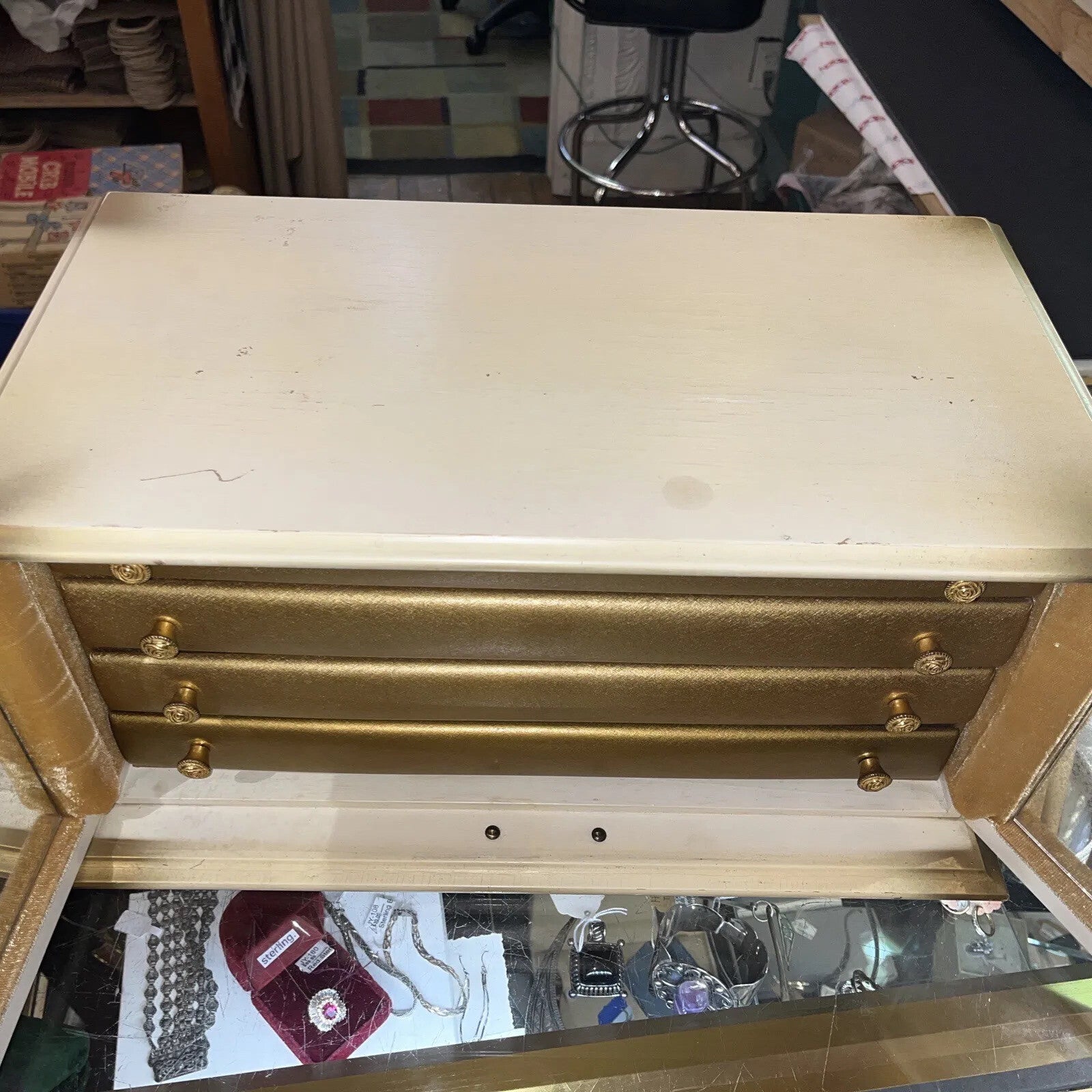 RARE VTG Gold Hollywood Regency Style Mirrors,4 Drawer Velvet lined Jewelry Box