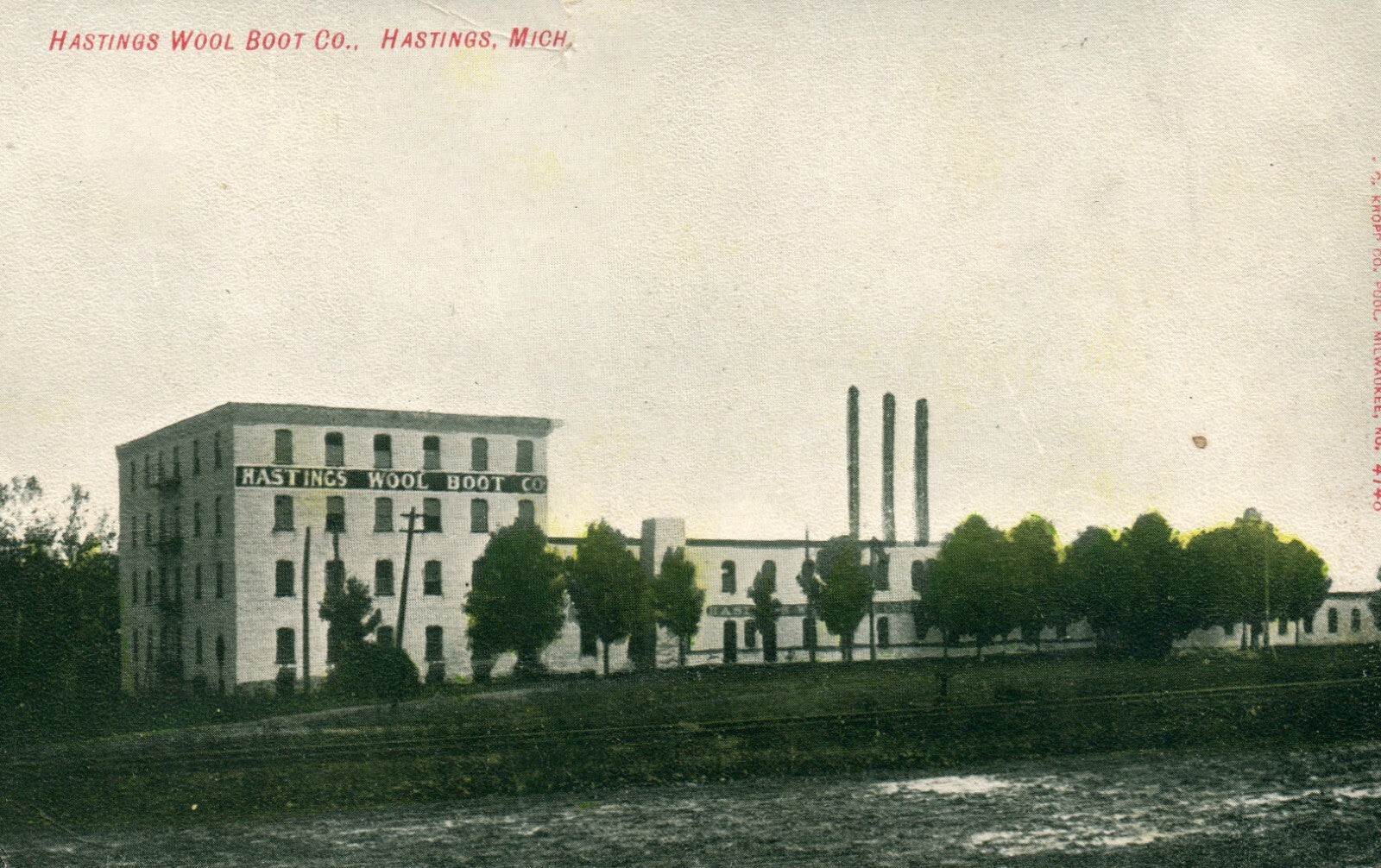 Real Photo Hastings Wool Boot Co. Hastings MI MICH Michigan Postcard Trees