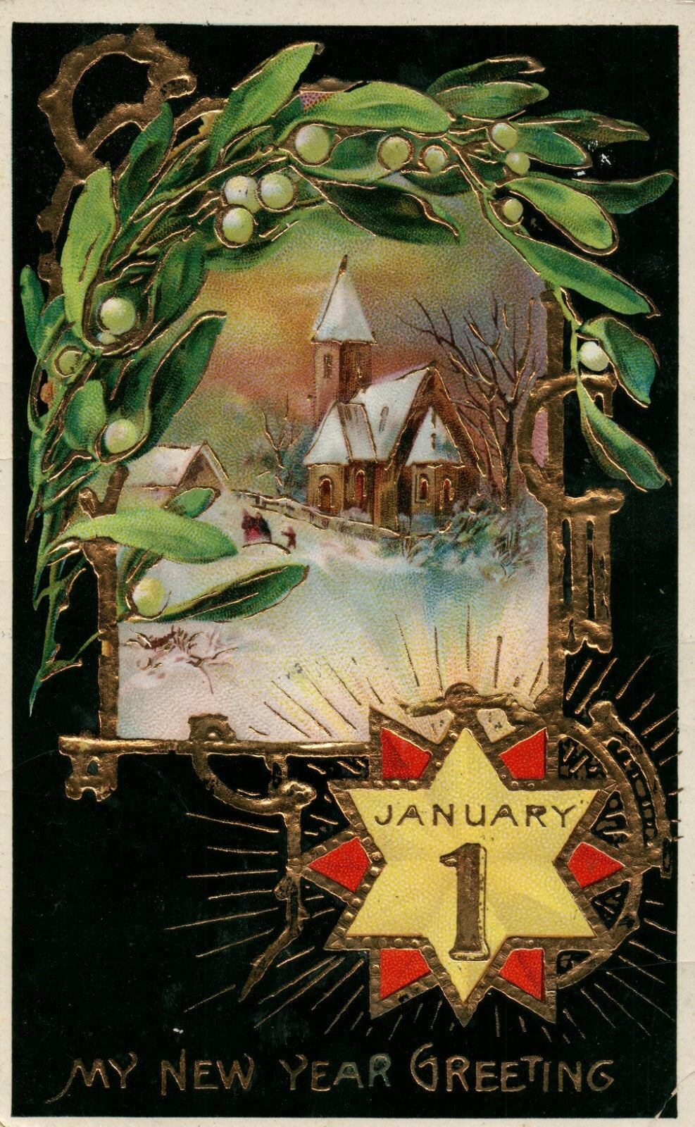 Gel Winter Church Scene Gold Holly Jan 1 Star New Year Greeting Series 7004-A