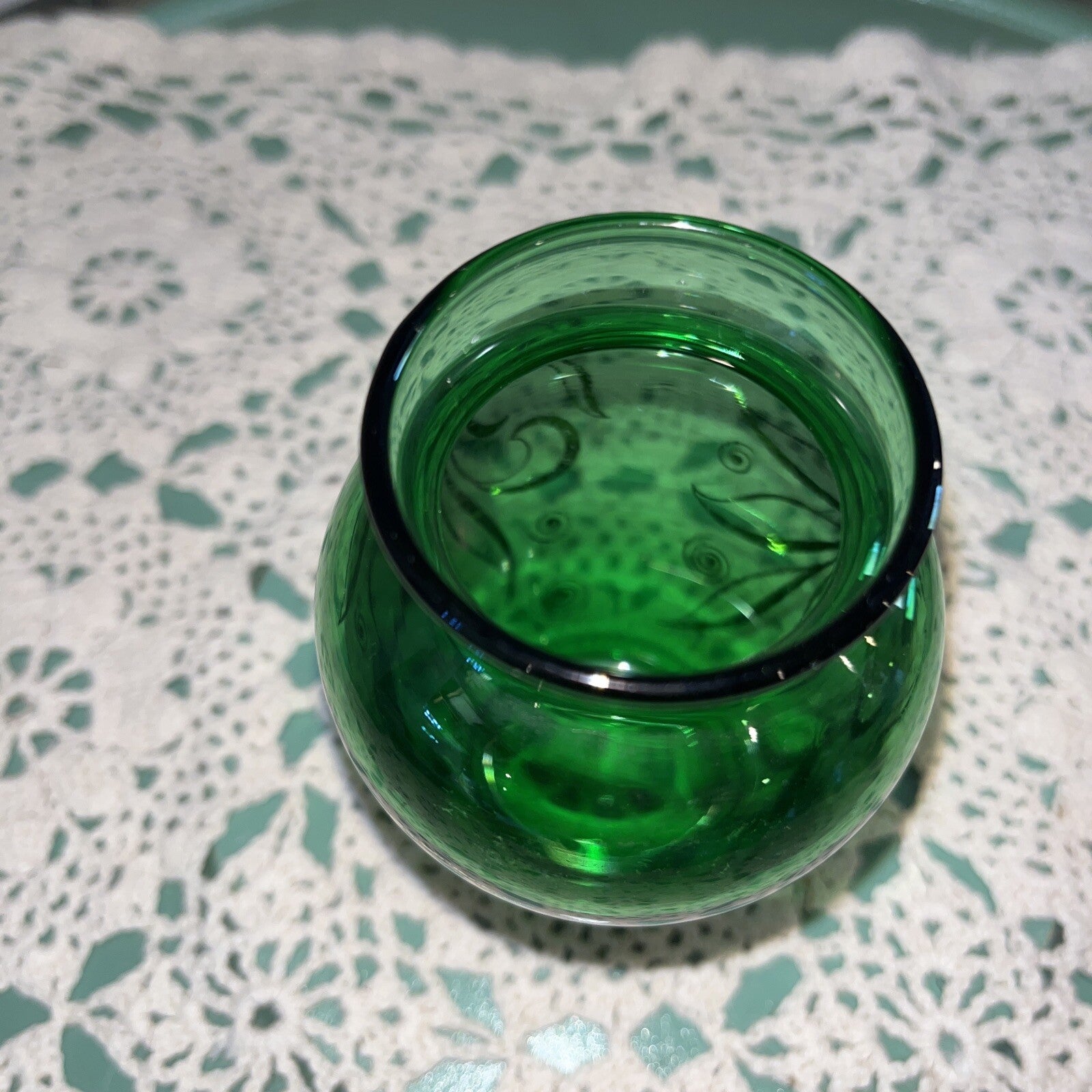 Vintage MCM Mini Glass Bud Vase 3.75" Anchor Hocking Emerald Green Gold Trim