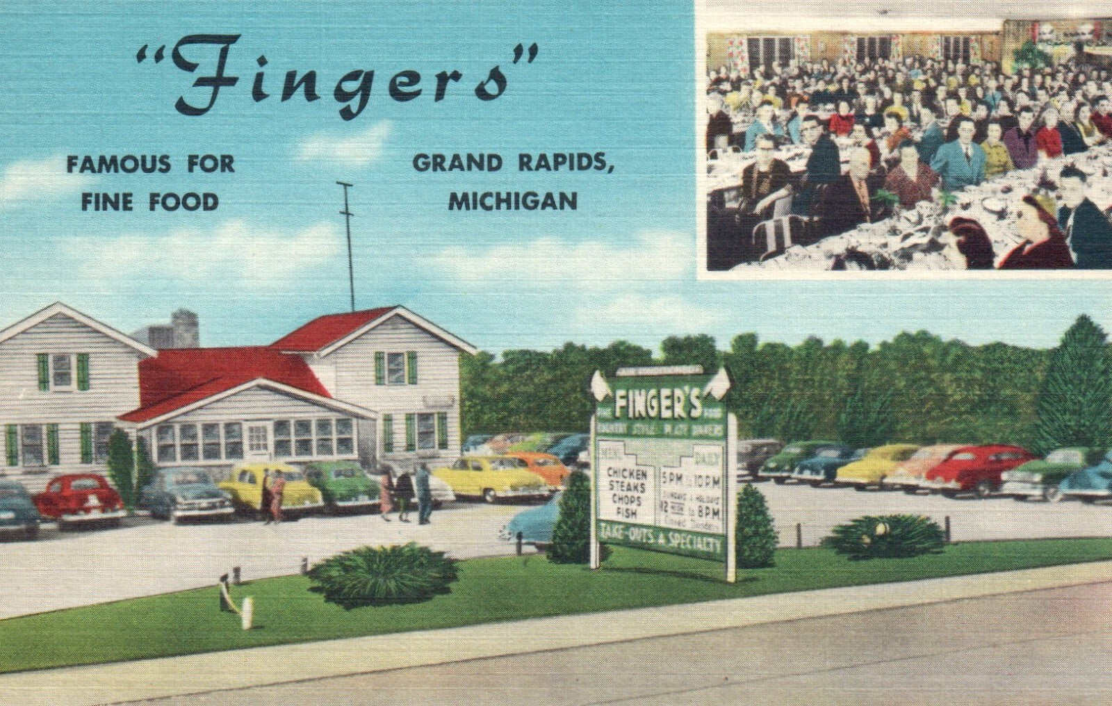 "Fingers" Famous for Fine Food, Grand Rapids MI Postcard