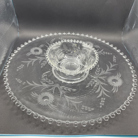 Vintage Crystal Etched Candlewick  Serving Platter Tray w Bowl, 14 In Flowers