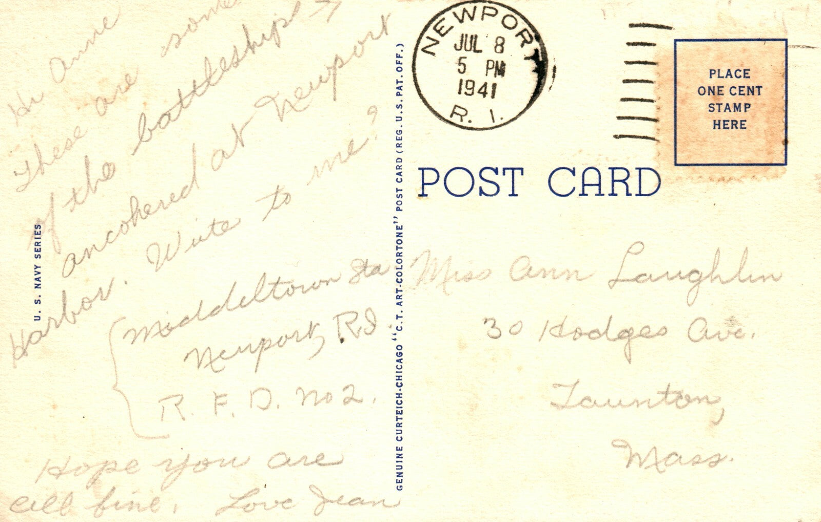 1941 USN-3 Navy Series Naval SHIP Militaria Postcard