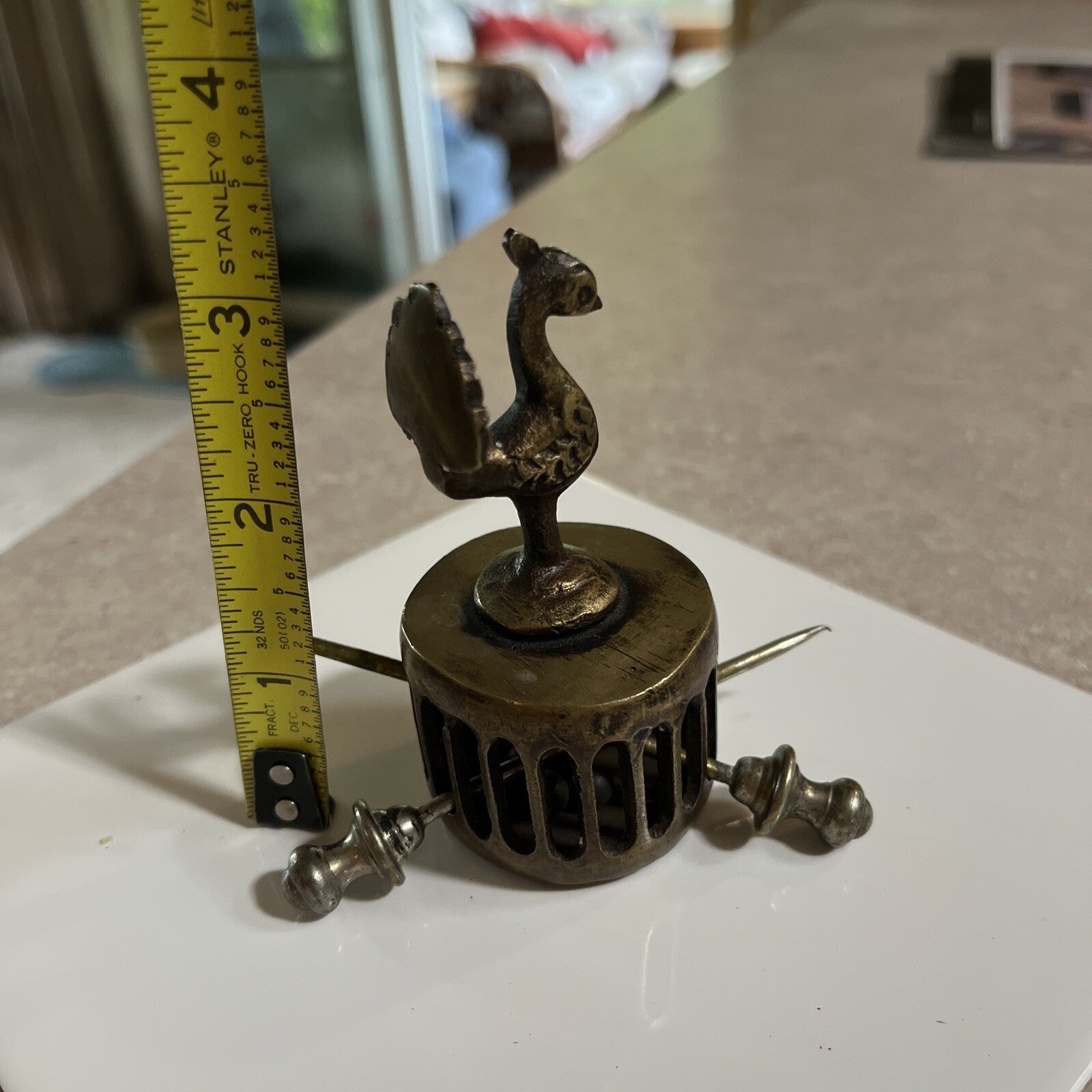 Vintage India Brass Peacock Figure Foot Scrubber 3" Tall x 1-1/2"