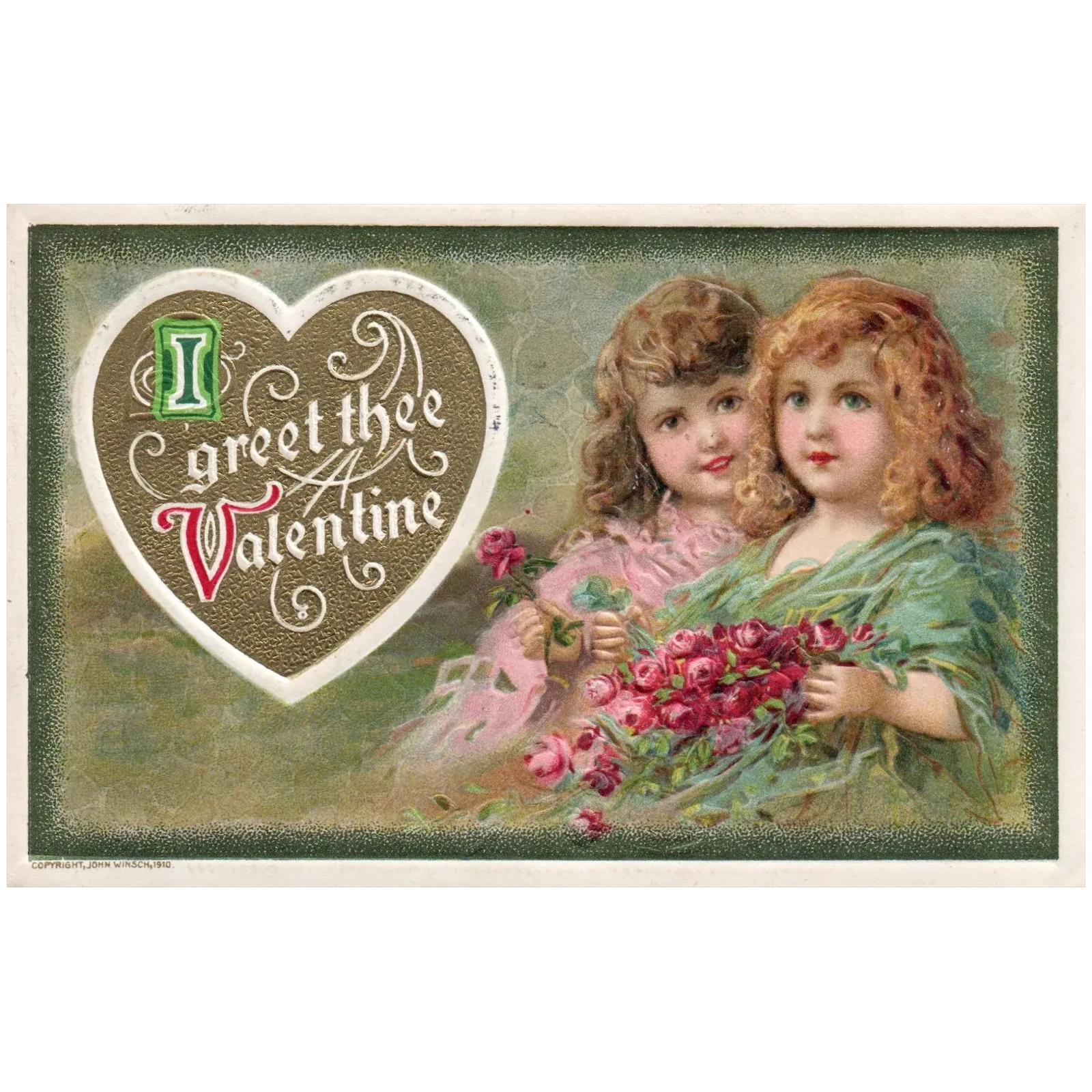 John Winsch I Greet Thee Valentine Two Little Children with Pink Flower Postcard