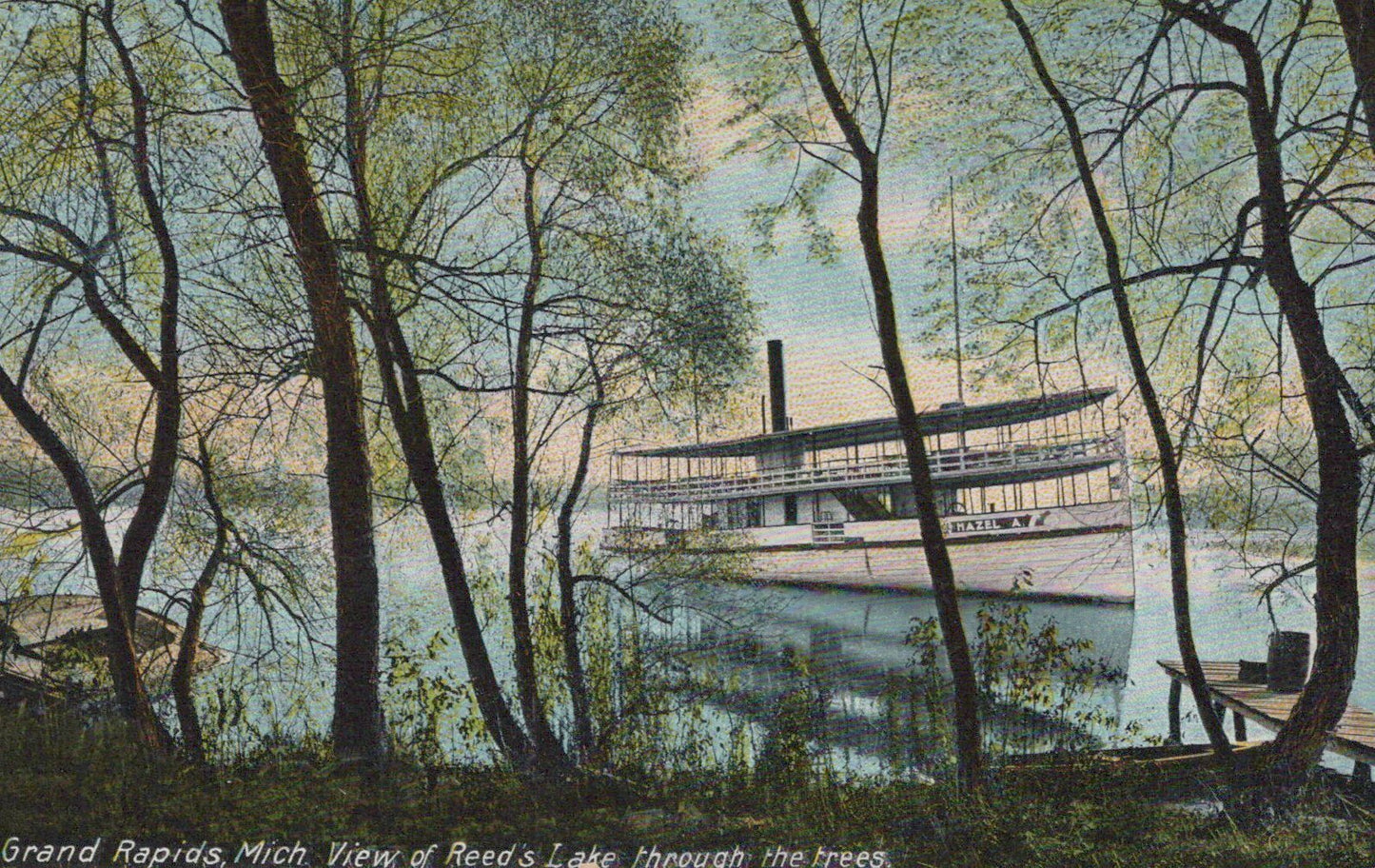 Boat View of Reeds Lake through the trees Grand Rapids Michigan MI Mich Postcard